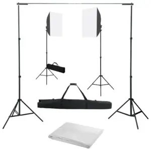 Fotostuudiokomplekt softbox-valgustuse ja taustasüsteemiga, valge 300 x 300 cm taustakangas, 2 softboxi, 4 statiivi