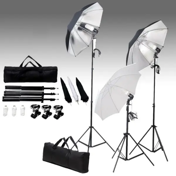 Fotostuudiokomplekt taustasüsteemi, 3 valgusti ja 5 taustaga – 8