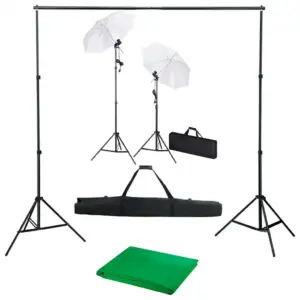 Fotostuudiokomplekt taustasüsteemi, vihmavarjude ja päevavalguslampidega, roheline 300 x 300 cm, 5500 K