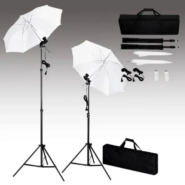 Fotostuudiokomplekt taustasüsteemi, vihmavarjude ja päevavalguslampidega, roheline 300 x 300 cm, 5500 K – 2
