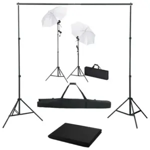 Fotostuudiokomplekt taustasüsteemi, 2 päevavalguslambi ja vihmavarjudega, must fototaust 500 x 300 cm