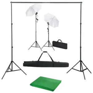 Fotostuudiokomplekt taustasüsteemi, vihmavarjude ja päevavalguslampidega, roheline 500 x 300 cm puuvilltaust