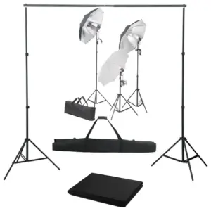Fotostuudiokomplekt valgustuse ja taustasüsteemiga, 3 lampi, vihmavarjud, statiivide ja musta puuvillase taustaga 500 x 300 cm