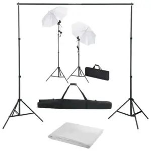 Fotostuudiokomplekt taustasüsteemi, lampide ja vihmavarjudega, valge fototaust 500 x 300 cm