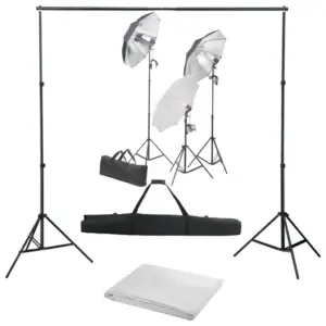 Fotostuudiokomplekt valgustuse ja taustasüsteemiga, 3 lampi, 3 vihmavarju, valge puuvillane taust 300 x 300 cm