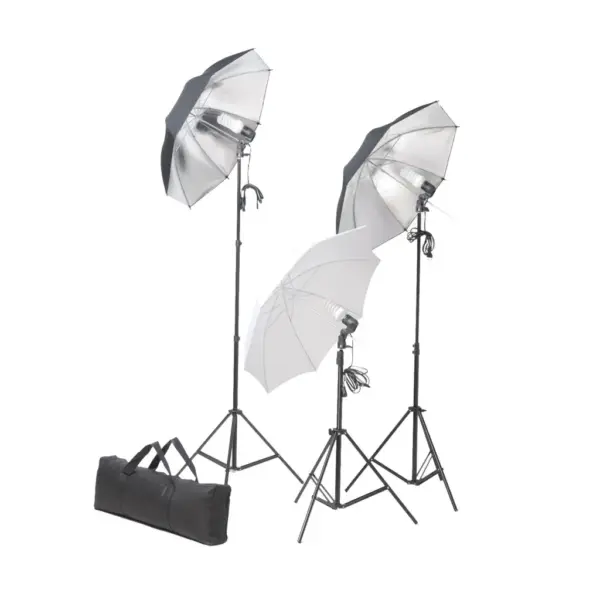 Fotostuudiokomplekt valgustuse ja taustasüsteemiga, 3 lampi, 3 vihmavarju, valge puuvillane taust 300 x 300 cm – 3