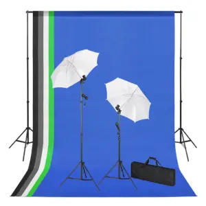 Fotostuudiokomplekt valgustite ja taustasüsteemiga, 5 kangast tausta 1,6 x 3 m, statiivid ja vihmavarjud