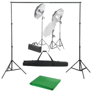 Fotostuudiokomplekt valgustuse, vihmavarjude ja rohelise taustaga, 3 lampi, 5 statiivi