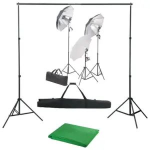 Fotostuudiokomplekt valgustite, vihmavarjude ja rohelise taustaga, 300 x 300 cm
