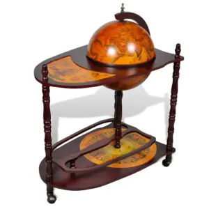 Gloobusekujuline alkoholikapp ratastega, eukalüptipuit, pruun, 77 x 45 x 88 cm