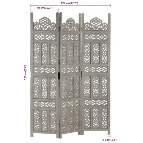 3-paneeliline kokkupandav sirm ruumijagaja, hall MDF ja mangopuit, 120 x 165 cm – 7