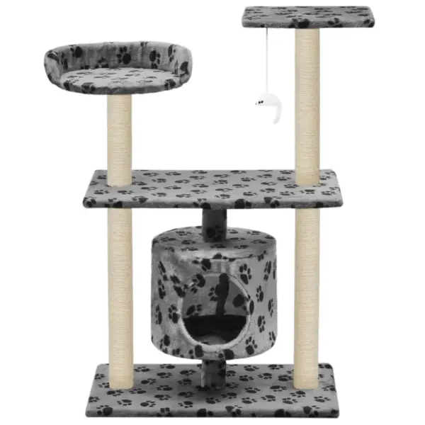 Mitmekorruseline kassimaja sisalköiega kraapimispuudega, hall käpajälgedega, 95 cm – 3
