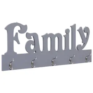 Seinale kinnitatav riidenagi FAMILY kirjaga, hall MDF, 5 konksu, 74 x 29,5 cm