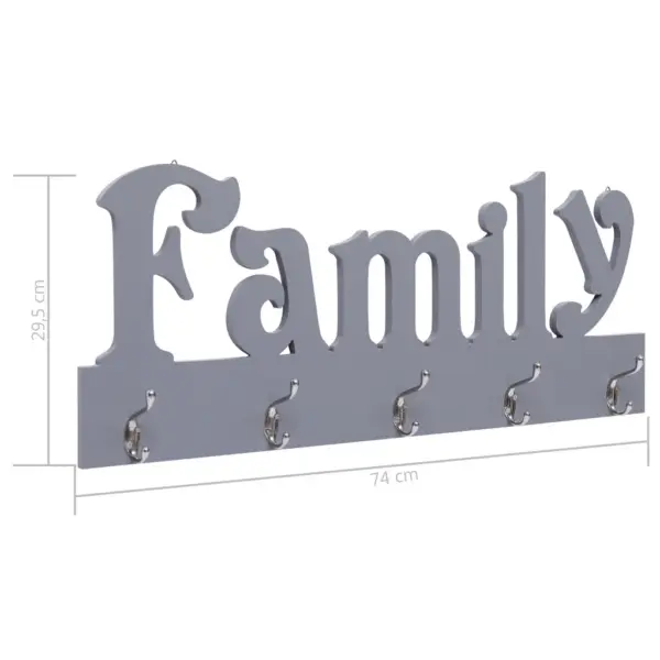 Seinale kinnitatav riidenagi FAMILY kirjaga, hall MDF, 5 konksu, 74 x 29,5 cm – 6