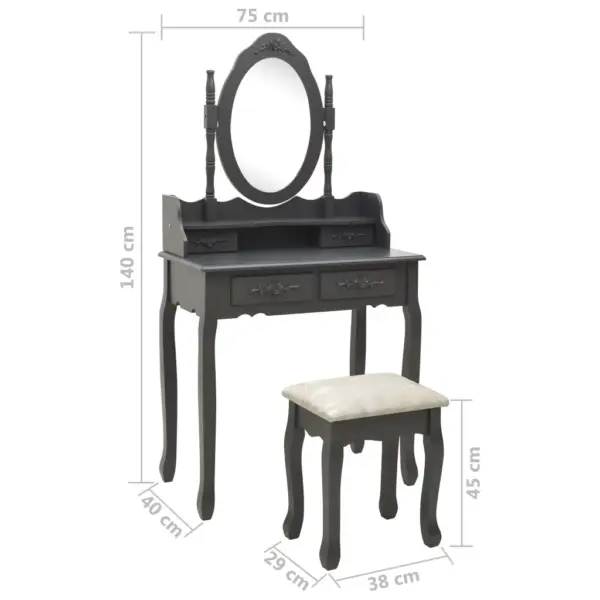 Hall tualettlaud peegliga ja taburetiga, Paulownia puit, 75 x 69 x 140 cm – 11