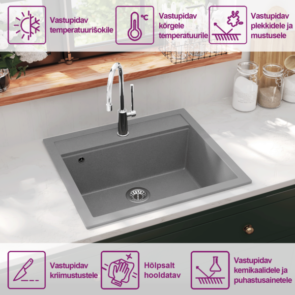 Ühepoolne hall graniitkomposiit köögivalamu, kapisisene, 565 x 510 mm - 9