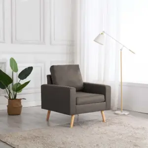 Hallikaspruun kangast tugitool puitjalgade ja patjadega, 77 x 71 x 80 cm