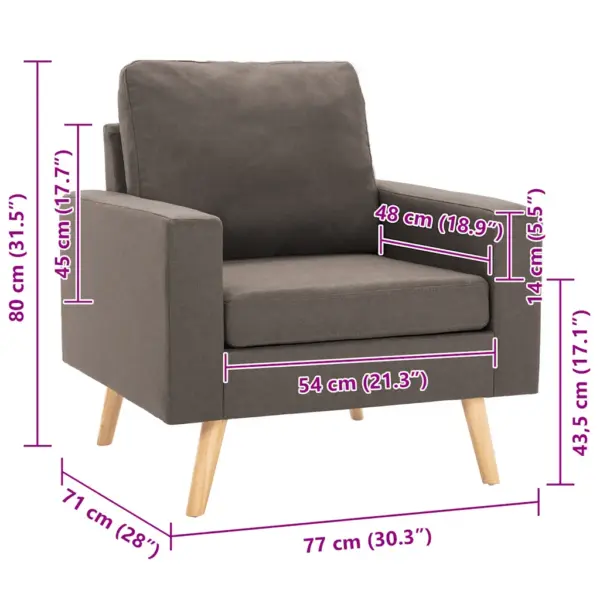 Hallikaspruun kangast tugitool puitjalgade ja patjadega, 77 x 71 x 80 cm – 7