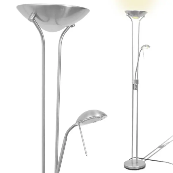 Hämardatav LED-põrandalamp lugemislambiga, 23 W, satiinnikli teras, hõbedane, 180 cm – 3