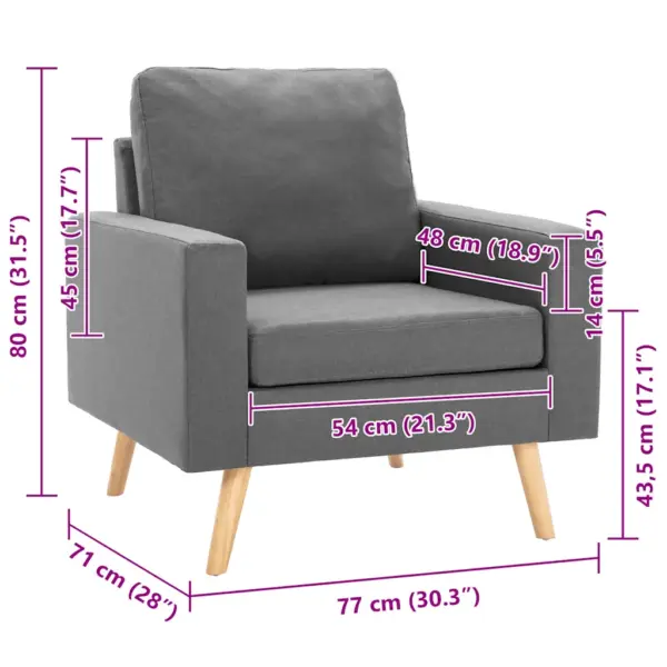 Helehall kangast tugitool puidust jalgadega, 77 x 71 x 80 cm – 7