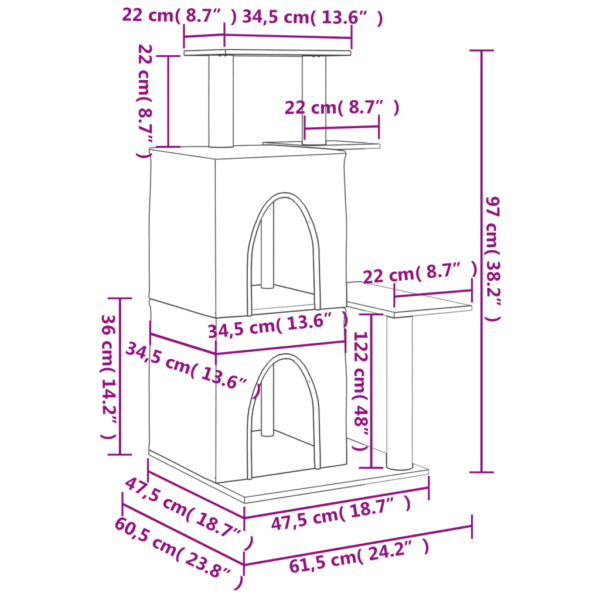 Helehall kassimaja kahe majaga ja sisalköiega kraapimispostidega, 97 cm – 8