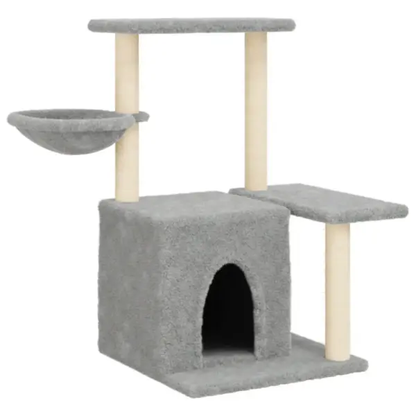 Mitmetasandiline kassipuu kassimajaga ja sisalpostidega, helehall, 83 cm – 2