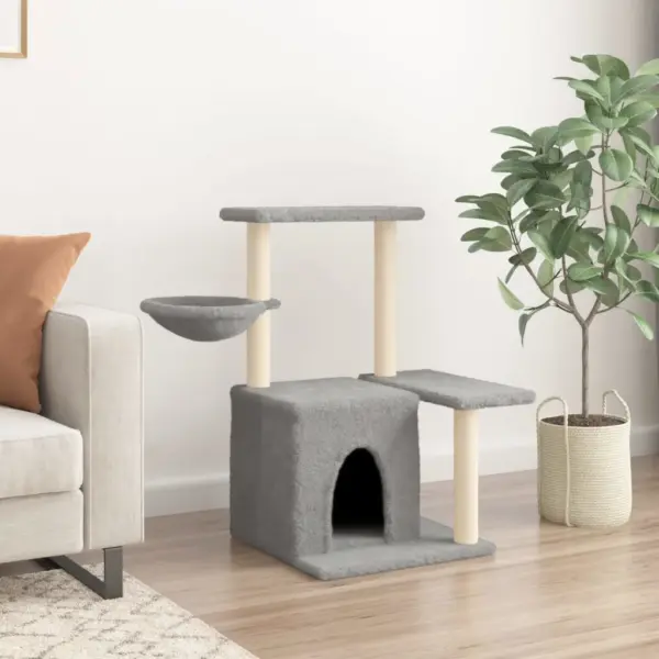 Mitmetasandiline kassipuu kassimajaga ja sisalpostidega, helehall, 83 cm – 3