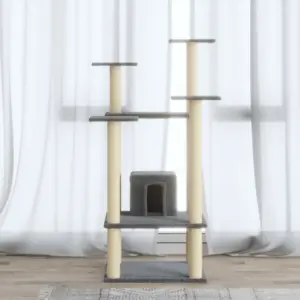 Kassipuu majakese ja sisaliga kaetud kraapimispostidega, helehall, 110 cm