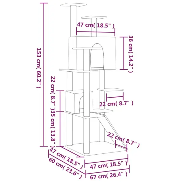 Mitmetasandiline kassimaja kahe pesaga ja sisalköiega kraapimispostidega, helehall, 153 cm - 7