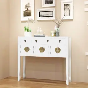 Hiina stiilis täispuidust puhvetkapp, 4 sahtliga ja 3 kapiga, valge, 95 x 24 x 91 cm