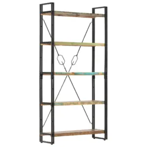 Industriaalne 5 riiuliga raamaturiiul, taaskasutatud puit ja teras, 90 x 30 x 180 cm
