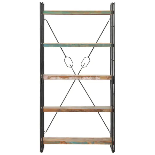 Industriaalne 5 riiuliga raamaturiiul, taaskasutatud puit ja teras, 90 x 30 x 180 cm - 2