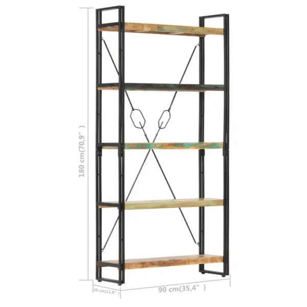 Industriaalne 5 riiuliga raamaturiiul, taaskasutatud puit ja teras, 90 x 30 x 180 cm - 6