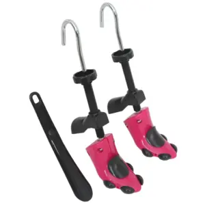Jalanõude venitaja komplekt kingalusikaga, roosa-must, plast ja raud, EU 34-40, 36 x 10 x 6 cm