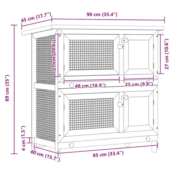 Kahekorruseline õueküülikupuur 4 uksega, pruun-valge männipuit, 90 x 45 x 90 cm – 9