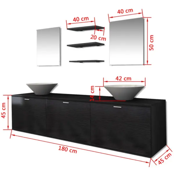 Kaheksaosaline must vannitoamööbli komplekt valamuga, seinale kinnitatav kapp 180 x 45 x 45 cm – 9