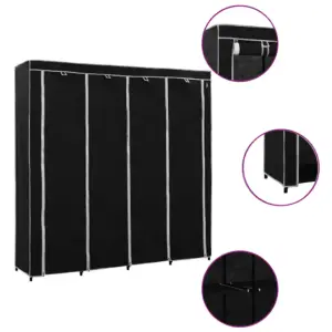 Kangaskattega garderoob 4 sektsiooniga, must, 175 x 45 x 170 cm