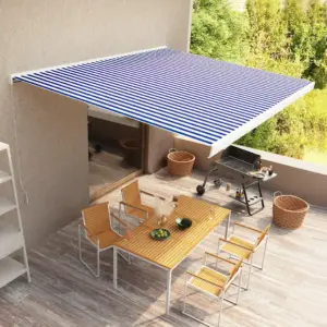 Käsitsi avatav terrassimarkiis alumiiniumraamiga, 400 x 300 cm, sinine-valge
