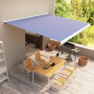 Käsitsi avatav terrassivarikatus, sinine-valge, 450 x 300 cm, alumiiniumraam