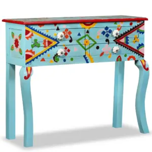 Retrostiilis käsitsi maalitud mangopuidust konsoollaud, sinistes toonides, 4 sahtliga, 90 x 30 x 76 cm