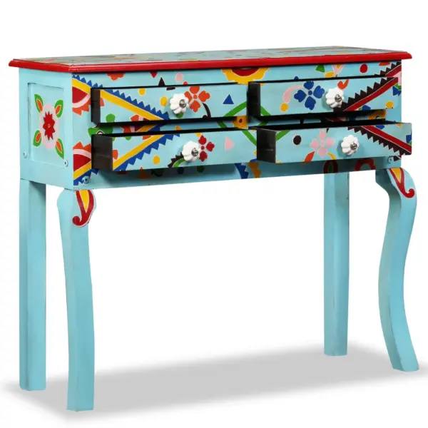 Retrostiilis käsitsi maalitud mangopuidust konsoollaud, sinistes toonides, 4 sahtliga, 90 x 30 x 76 cm – 2