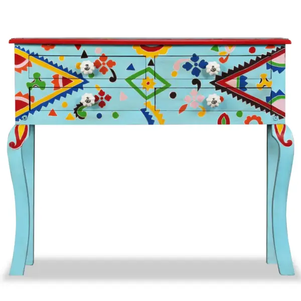 Retrostiilis käsitsi maalitud mangopuidust konsoollaud, sinistes toonides, 4 sahtliga, 90 x 30 x 76 cm – 3