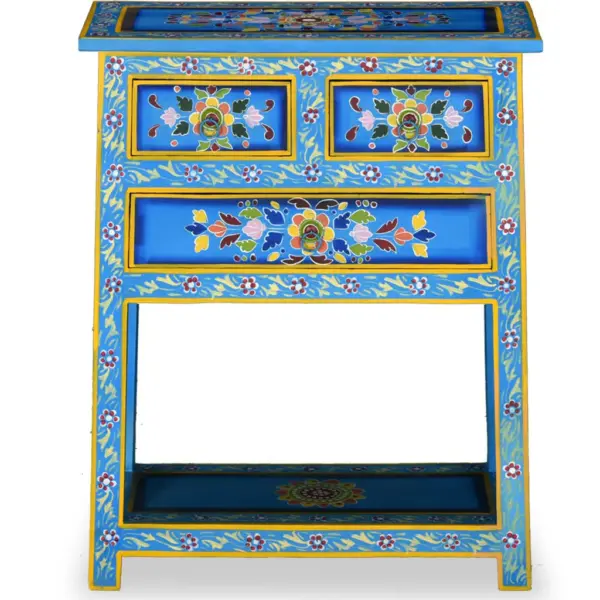 Käsitsi maalitud mangopuidust kummut 3 sahtliga riiuliga, türkiissinine, 60 x 30 x 76 cm - 3