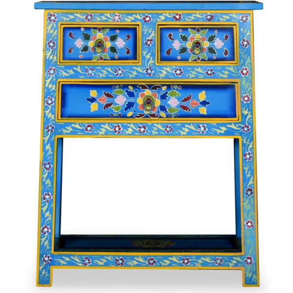 Käsitsi maalitud mangopuidust kummut 3 sahtliga riiuliga, türkiissinine, 60 x 30 x 76 cm - 4