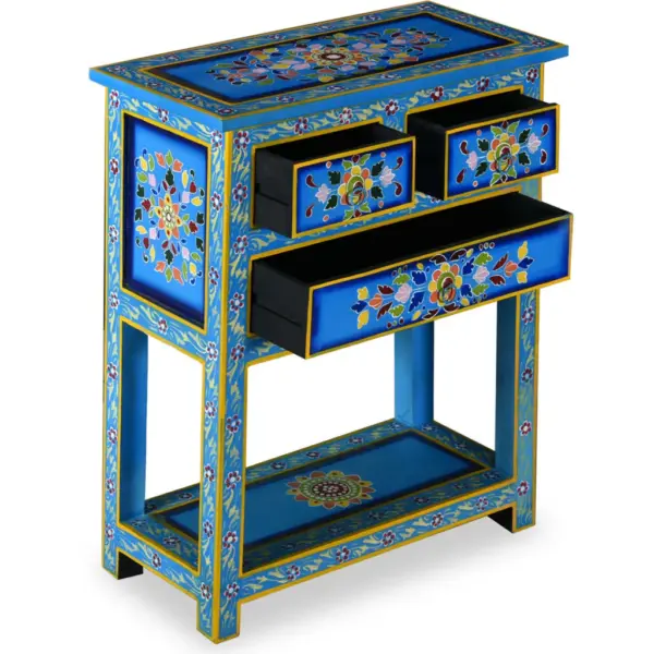 Käsitsi maalitud mangopuidust kummut 3 sahtliga riiuliga, türkiissinine, 60 x 30 x 76 cm - 5