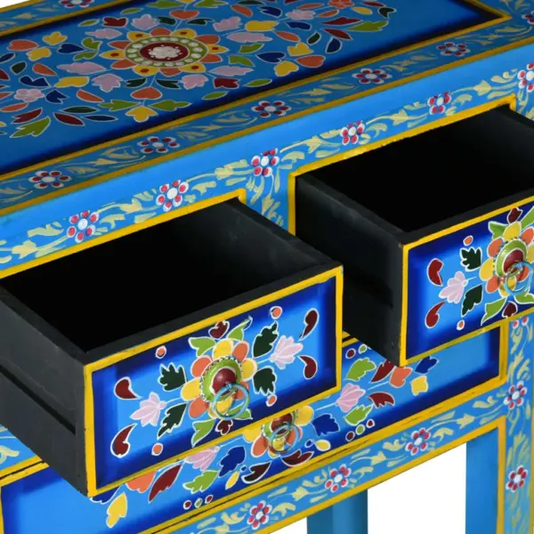 Käsitsi maalitud mangopuidust kummut 3 sahtliga riiuliga, türkiissinine, 60 x 30 x 76 cm - 6