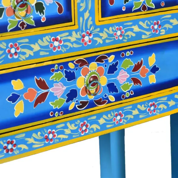 Käsitsi maalitud mangopuidust kummut 3 sahtliga riiuliga, türkiissinine, 60 x 30 x 76 cm - 10