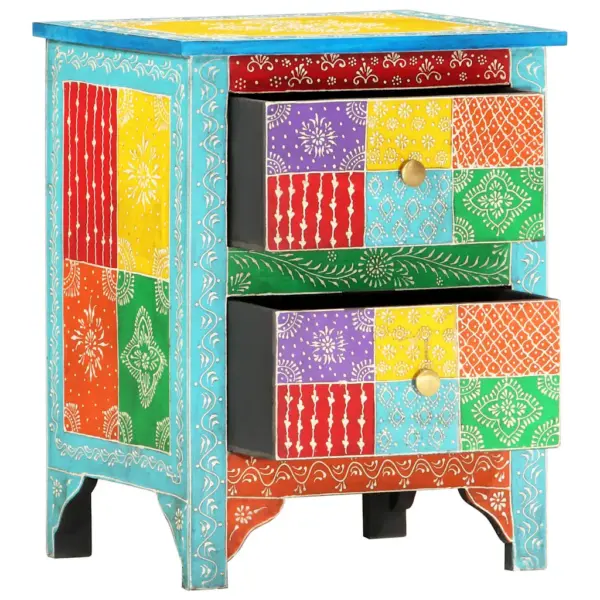 Käsitsi maalitud mangopuidust öökapp, 2 sahtliga, mitmevärviline, 40 x 30 x 50 cm – 2