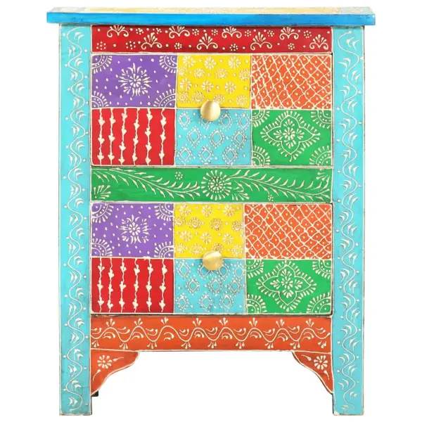 Käsitsi maalitud mangopuidust öökapp, 2 sahtliga, mitmevärviline, 40 x 30 x 50 cm – 3