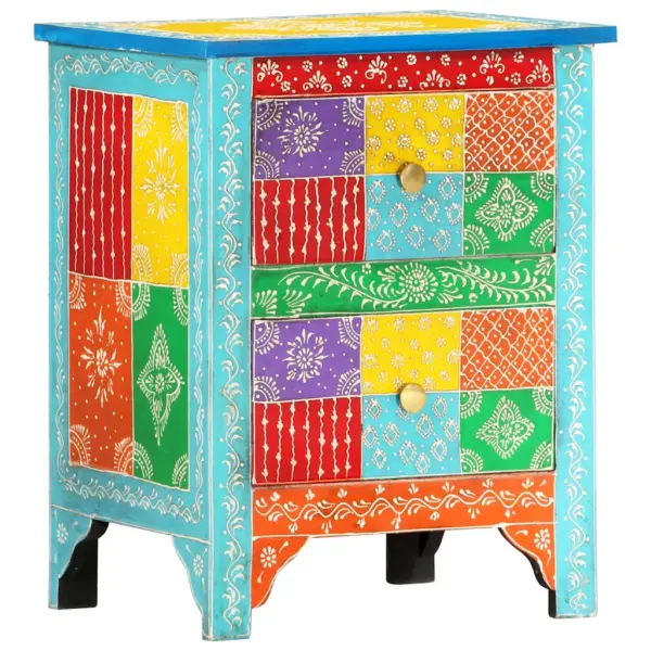 Käsitsi maalitud mangopuidust öökapp, 2 sahtliga, mitmevärviline, 40 x 30 x 50 cm – 9